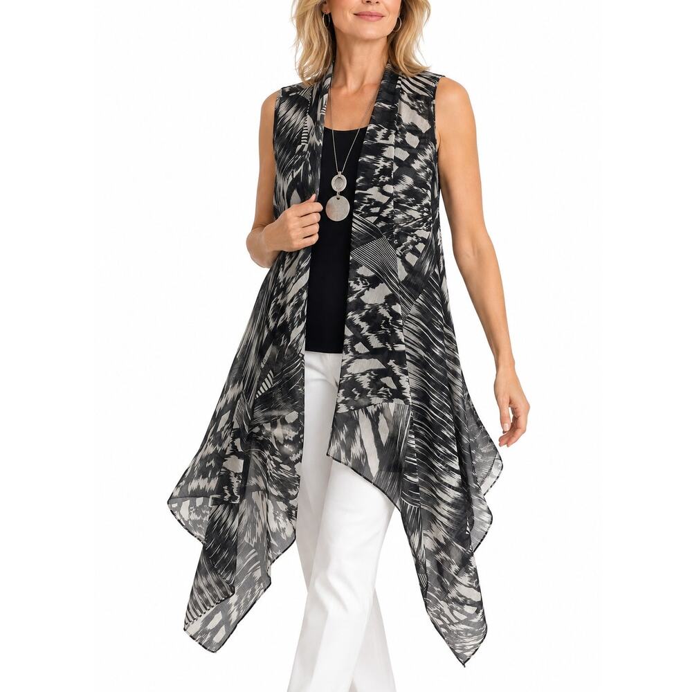 Chico's 1 Sheer Open Printed Long Vest Black White Size M